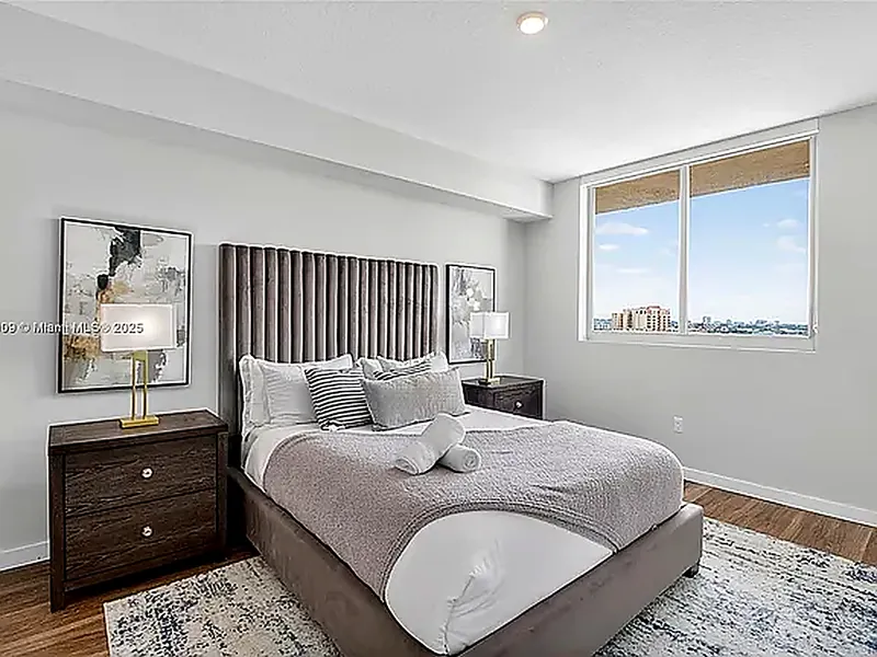 Bedroom with a window view toward Downtown Miami