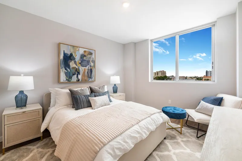 Bright primary bedroom with city views in a Little Havana condo